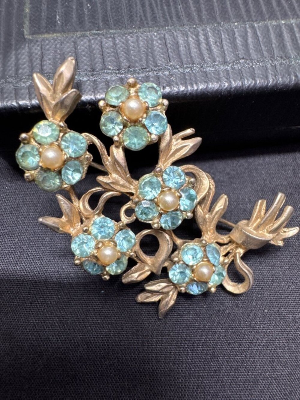 Vintage Gold-Tone Floral Brooch With Faux Pearls & Aqua Rhinestones 2.5 Inches L